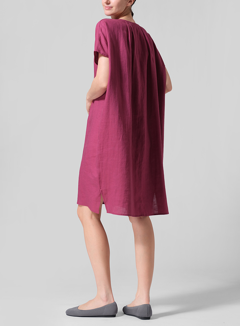Linen Straight Cut V-neck Pleated Tunic