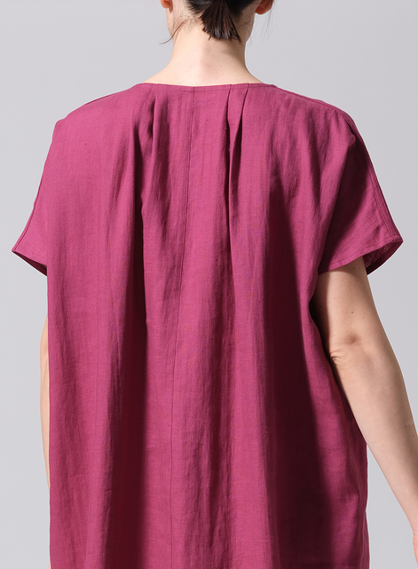 Linen Straight Cut V-neck Pleated Tunic
