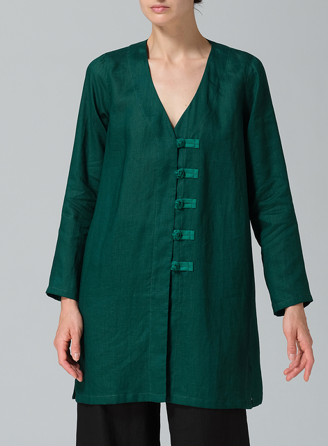 Two Tone Linen Handmade Knot Buttons Straight-Cut Top