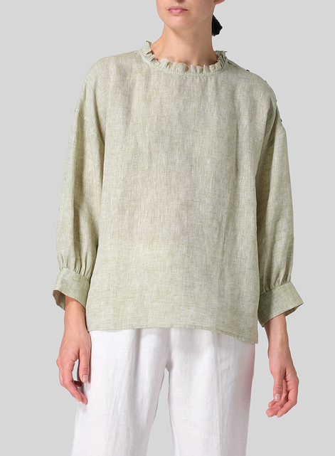 Linen Dropped Shoulder Ruffle Collar Blouse