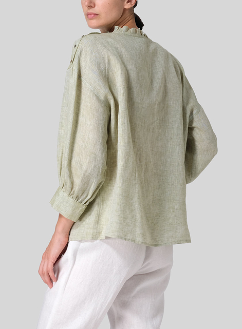 Linen Dropped Shoulder Ruffle Collar Blouse