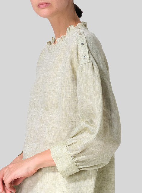 Linen Dropped Shoulder Ruffle Collar Blouse