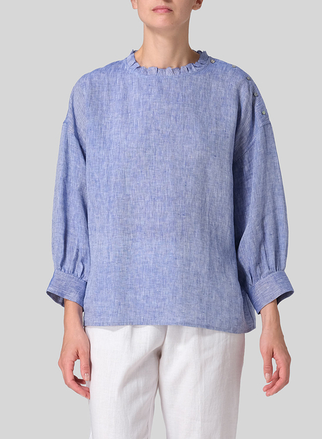 Linen Dropped Shoulder Ruffle Collar Blouse