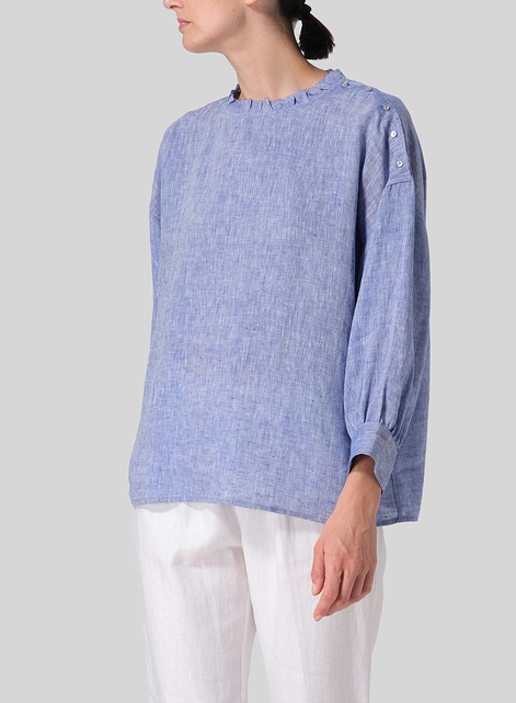Linen Dropped Shoulder Ruffle Collar Blouse