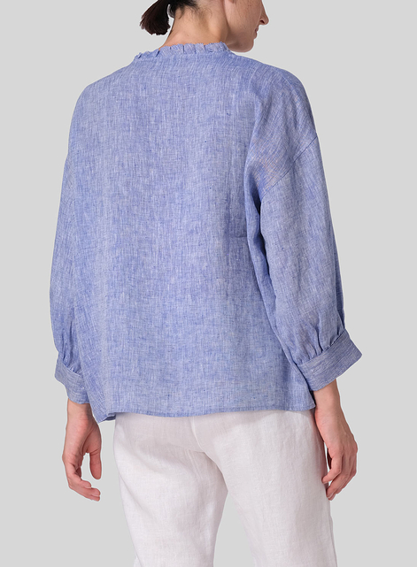 Linen Dropped Shoulder Ruffle Collar Blouse