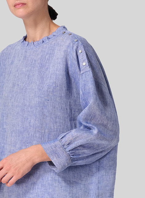 Linen Dropped Shoulder Ruffle Collar Blouse