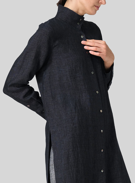 Linen High Stand Collar Long Shirt