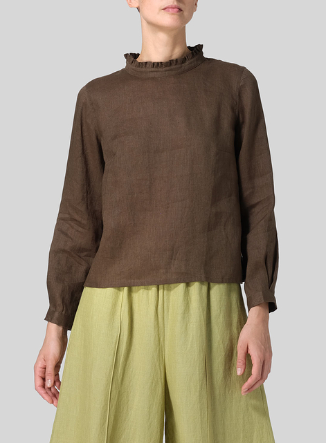 Linen Ruffle Stand Collar Cropped Blouse