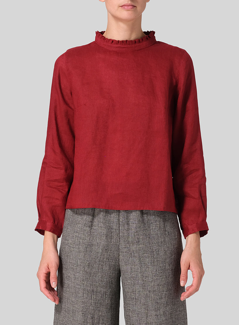 Linen Ruffle Stand Collar Cropped Blouse