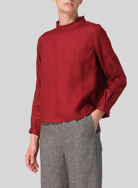 Linen Ruffle Stand Collar Cropped Blouse