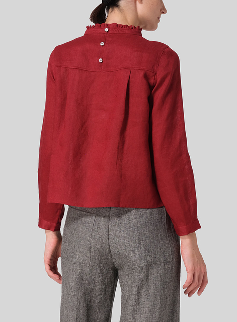 Linen Ruffle Stand Collar Cropped Blouse