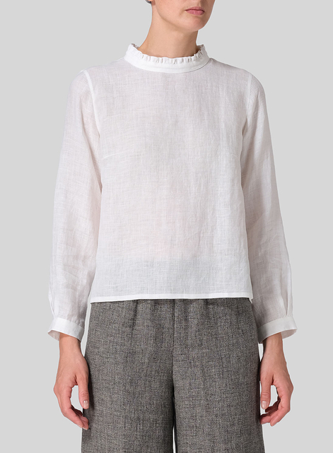 Linen Ruffle Stand Collar Cropped Blouse