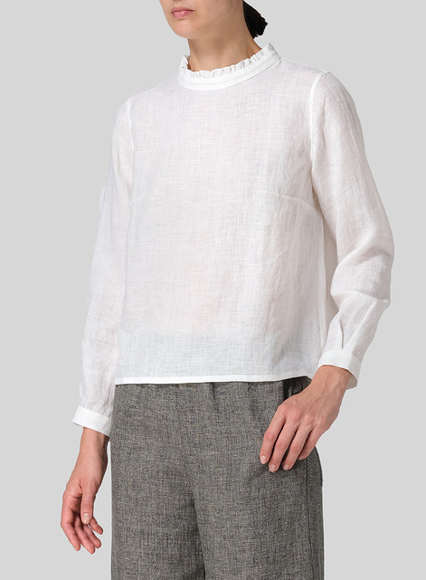 Linen Ruffle Stand Collar Cropped Blouse