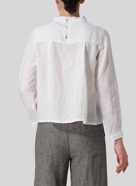 Linen Ruffle Stand Collar Cropped Blouse