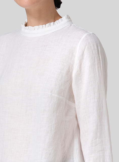 Linen Ruffle Stand Collar Cropped Blouse