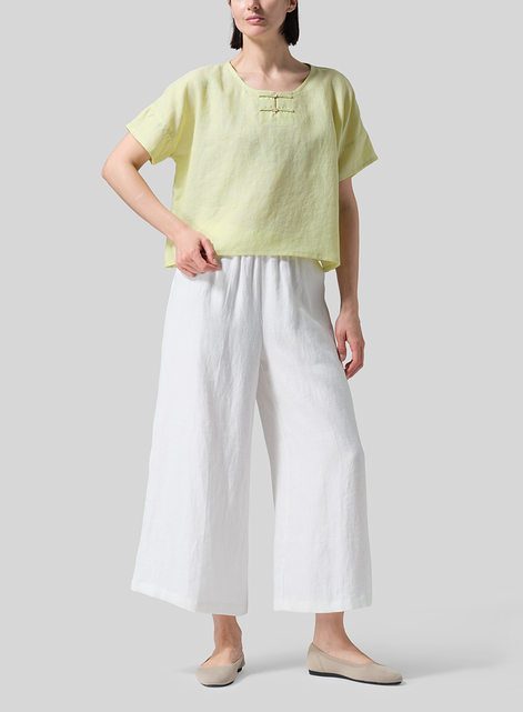 Linen Handmade Knot Button Boxy Cropped Top