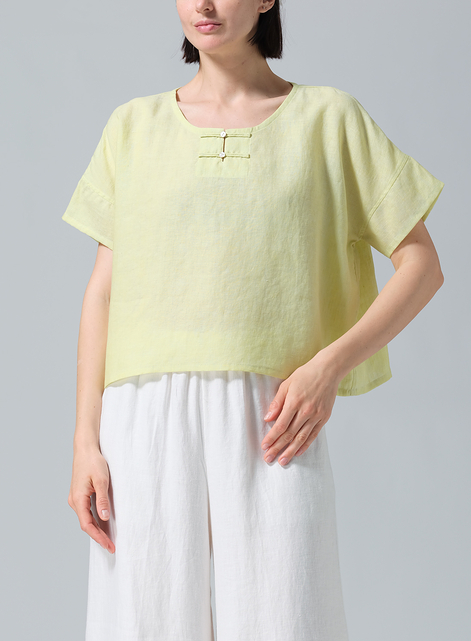 Linen Handmade Knot Button Boxy Cropped Top