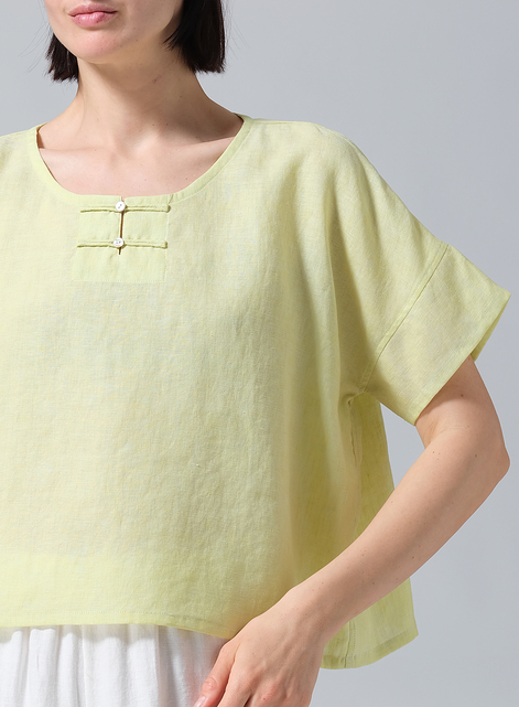 Linen Handmade Knot Button Boxy Cropped Top