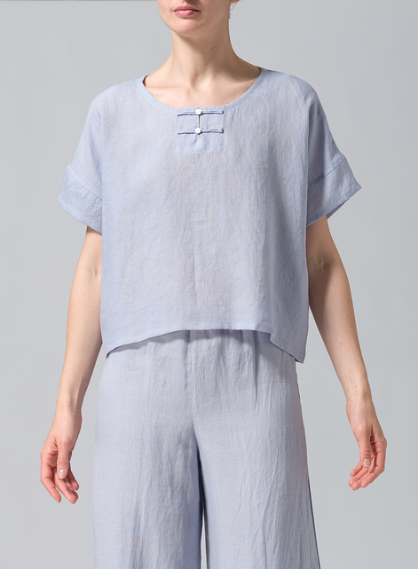 Linen Handmade Knot Button Boxy Cropped Top