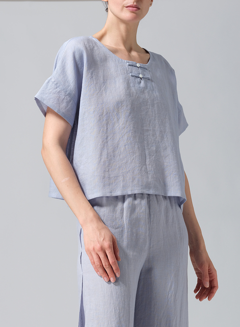 Linen Handmade Knot Button Boxy Cropped Top
