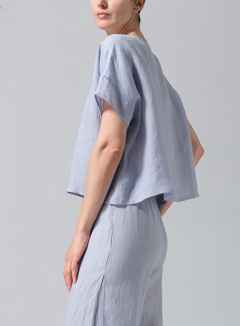Linen Handmade Knot Button Boxy Cropped Top