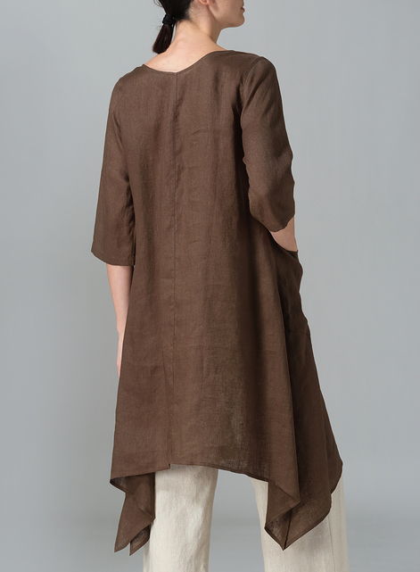 Linen A-line Handkerchief Hem V-neck Tunic