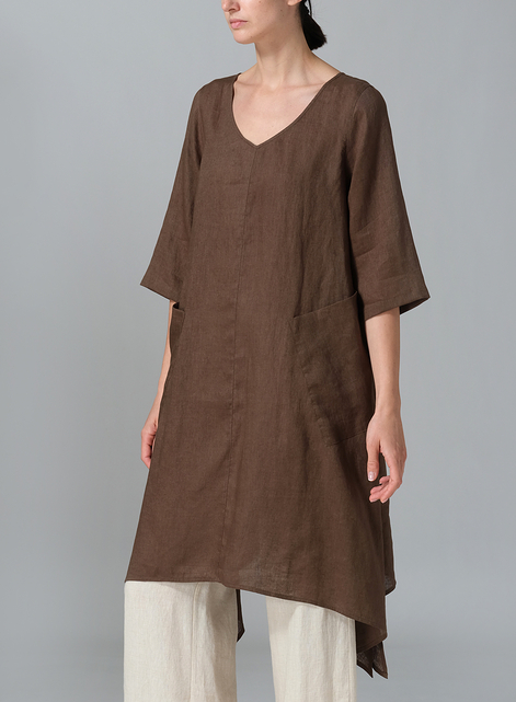 Linen A-line Handkerchief Hem V-neck Tunic