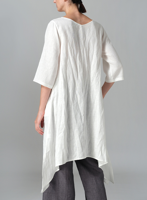 Linen A-line Handkerchief Hem V-neck Tunic