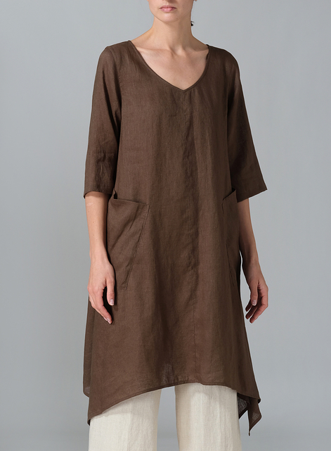 Linen A-line Handkerchief Hem V-neck Tunic