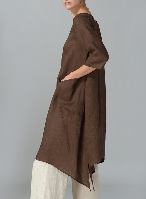 Linen A-line Handkerchief Hem V-neck Tunic