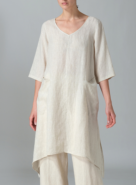 Linen A-line Handkerchief Hem V-neck Tunic