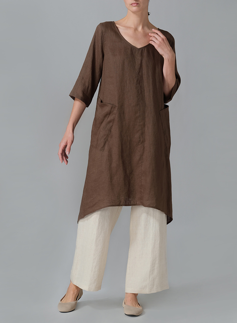 Linen A-line Handkerchief Hem V-neck Tunic