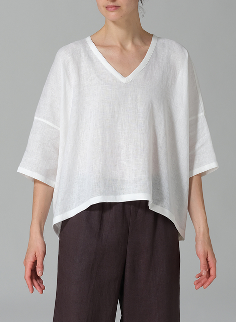 Linen Loose Deep V-Neck Top