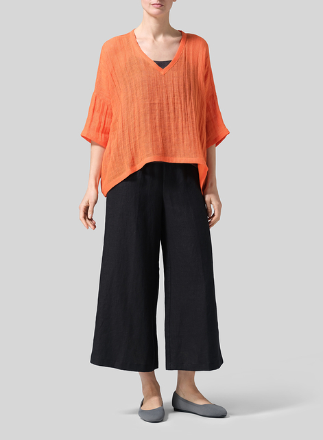 Gauze Linen Loose Deep V-Neck Top