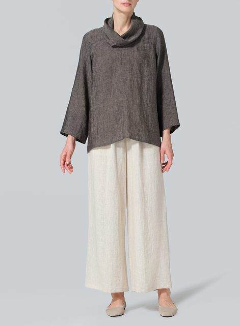 Linen Cowl Neck Rolled Sleeve Loose Top