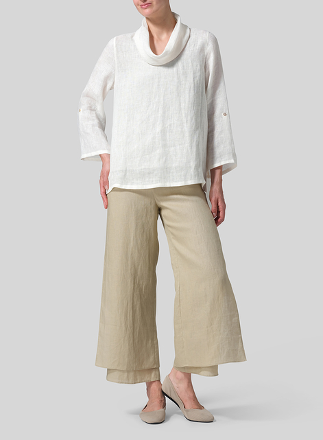 Lightweight Linen Cowl Neck Rolled Sleeve Loose Top