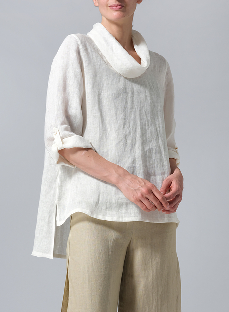 Lightweight Linen Cowl Neck Rolled Sleeve Loose Top
