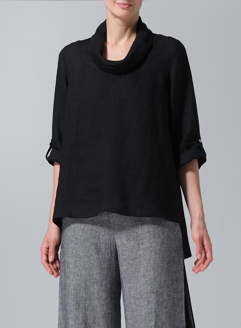 Lightweight Linen Cowl Neck Rolled Sleeve Loose Top