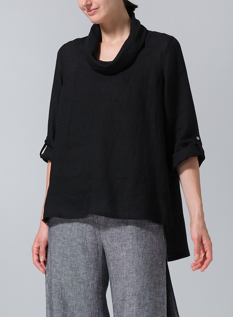 Lightweight Linen Cowl Neck Rolled Sleeve Loose Top