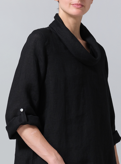 Lightweight Linen Cowl Neck Rolled Sleeve Loose Top