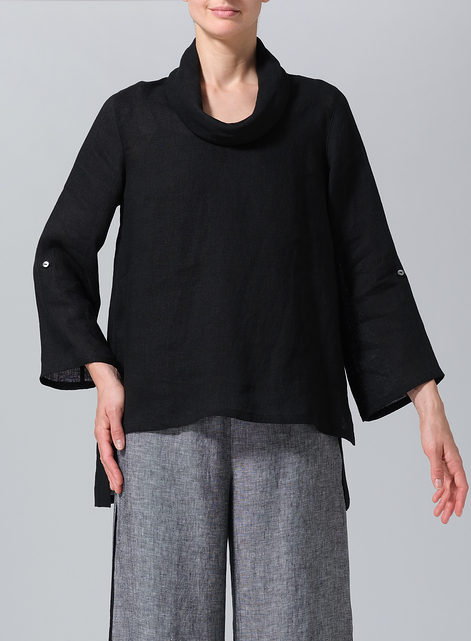 Lightweight Linen Cowl Neck Rolled Sleeve Loose Top