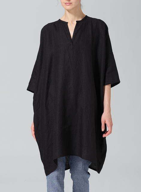 Linen Wide A-line V-neck Mandarin Collar Tunic