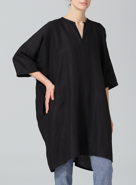 Linen Wide A-line V-neck Mandarin Collar Tunic