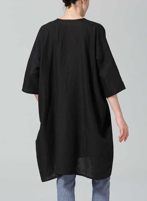 Linen Wide A-line V-neck Mandarin Collar Tunic