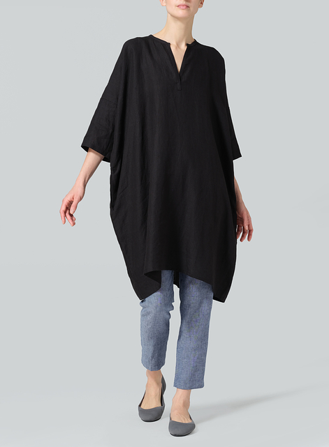 Linen Wide A-line V-neck Mandarin Collar Tunic