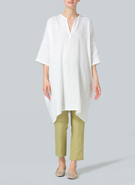 Linen Wide A-line V-neck Mandarin Collar Tunic
