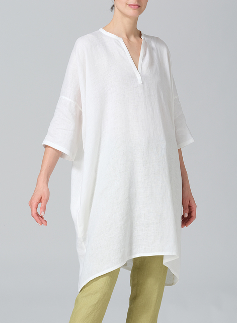 Linen Wide A-line V-neck Mandarin Collar Tunic