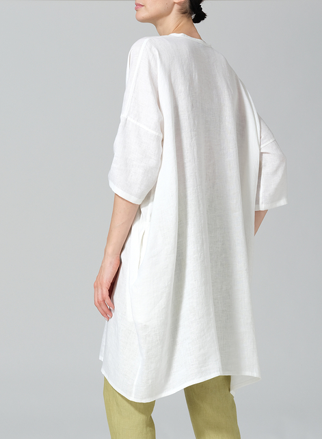 Linen Wide A-line V-neck Mandarin Collar Tunic