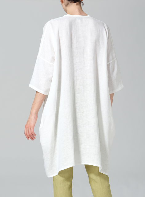 Linen Wide A-line V-neck Mandarin Collar Tunic