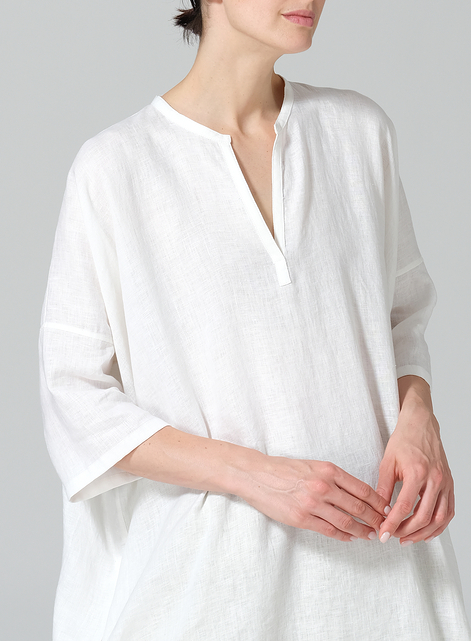 Linen Wide A-line V-neck Mandarin Collar Tunic